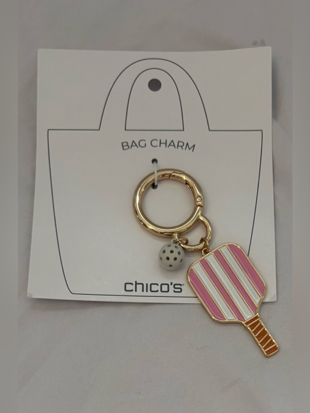Chico's Pink and White Striped Paddle Bag Charm with Gold Hardware